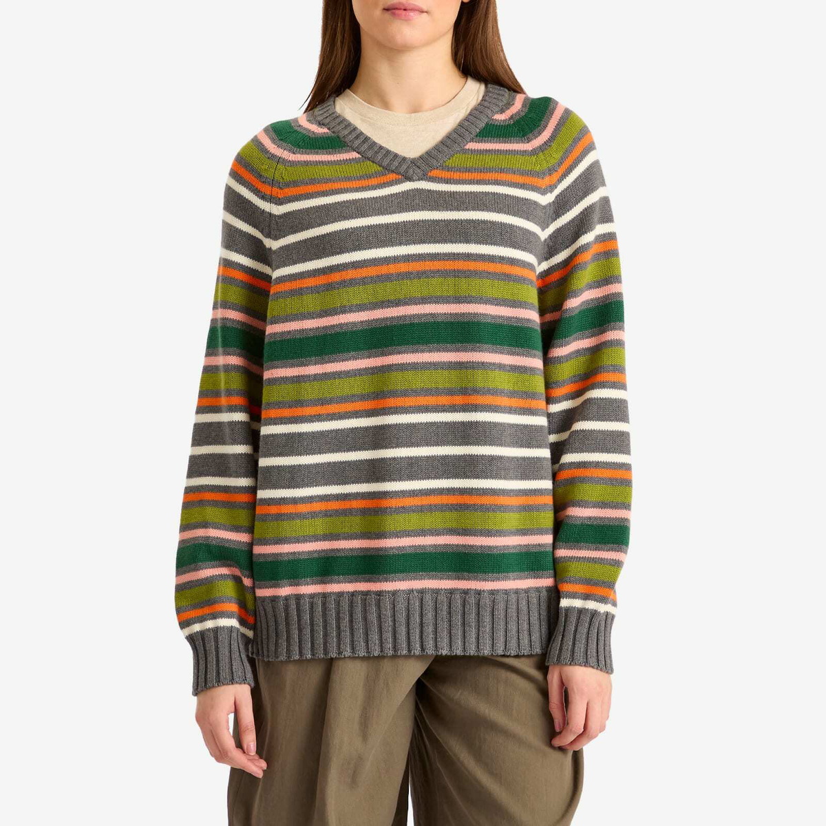 DONNI. Women's Cotton Cashmere Stripe V-Neck Jumper in Charcoal Grey