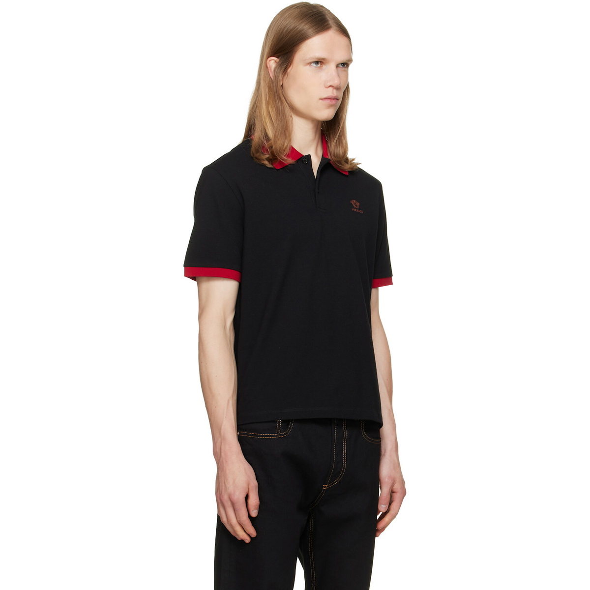 Versace Black Embroidered Cotton Piqué Polo