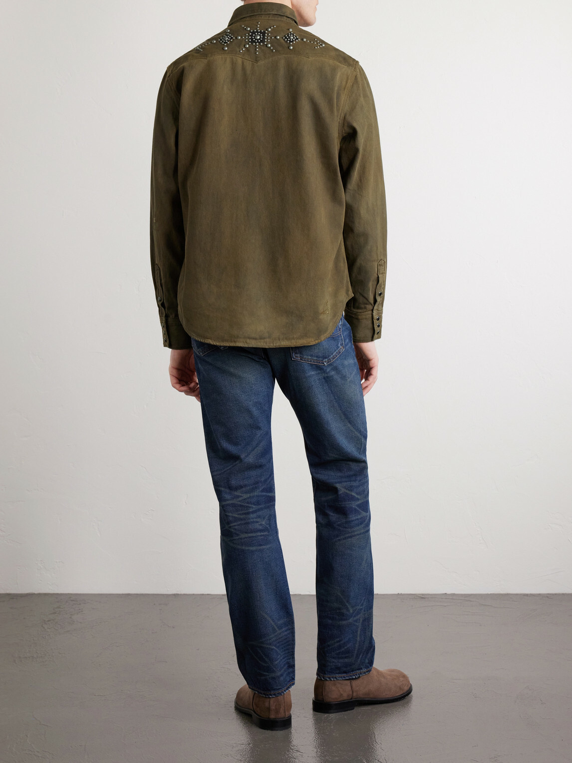 RRL - Buffalo West Studded Leather-Trimmed Denim Shirt - Brown