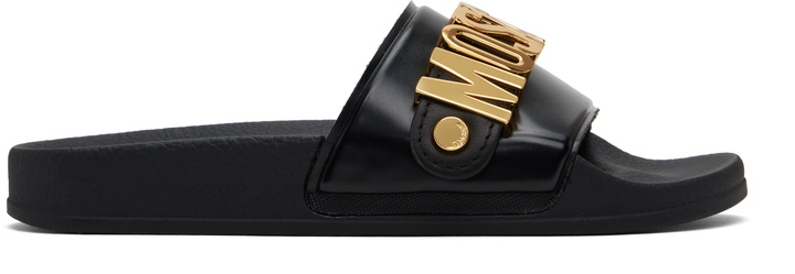 Photo: Moschino Black Lettering Logo Pool Slides