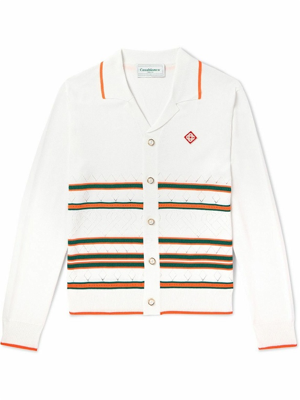 Photo: Casablanca - Camp-Collar Logo-Appliquéd Striped Pointelle-Knit Cardigan - White