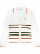 Casablanca - Camp-Collar Logo-Appliquéd Striped Pointelle-Knit Cardigan - White