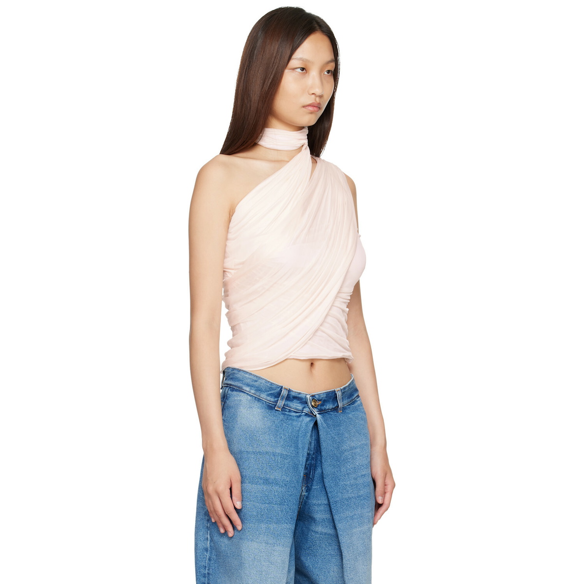 BALMAIN Pink Cross Neck Draped Fluid Jersey Top