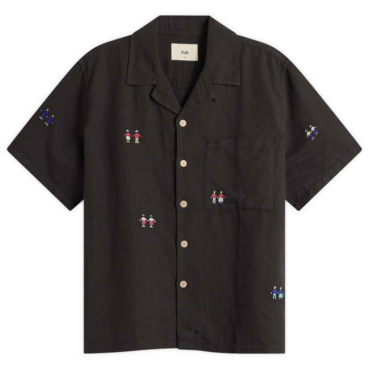 Photo: Folk Men's Presented by END. Relaxed Soft Collar Vacation Shirt in Soft Black People Embroidery