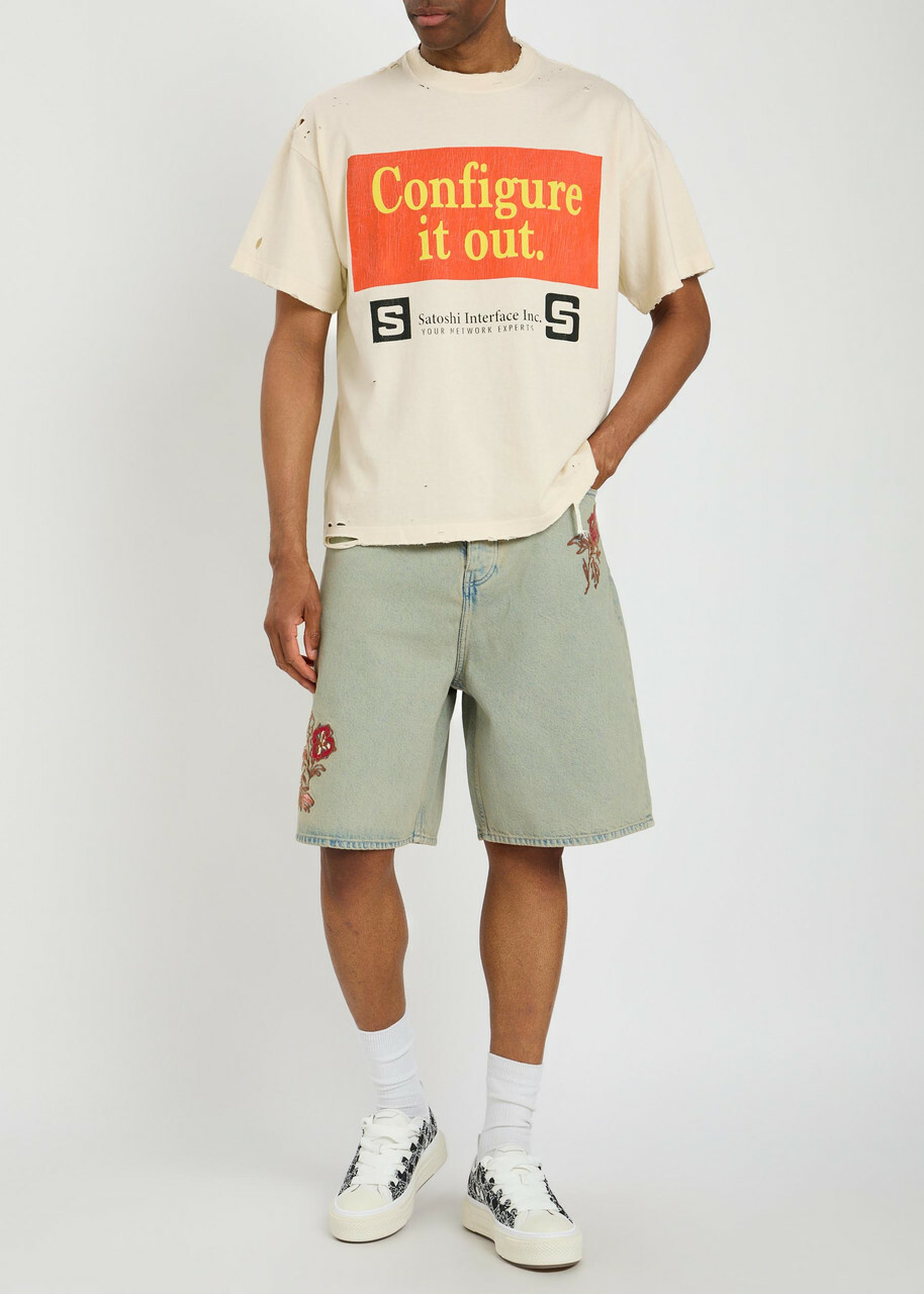 Satoshi Nakamoto Configure Distressed Printed Cotton T-shirt White