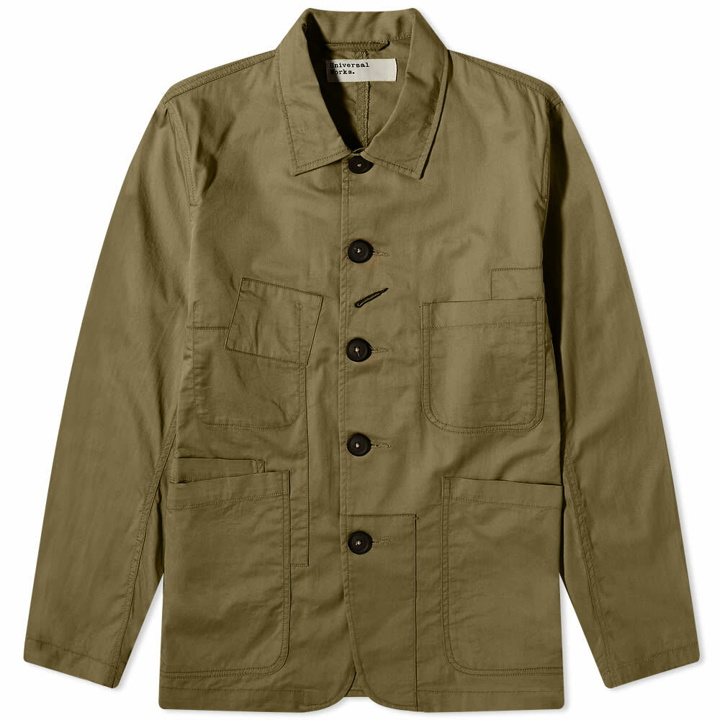 Photo: Universal Works Men's Fine Twill Patched Bakers Jacket in Olive