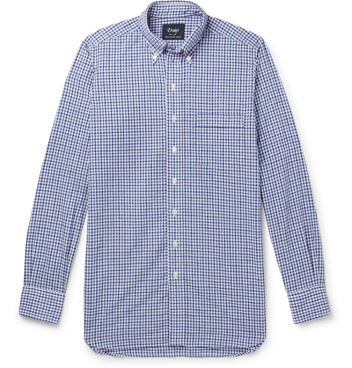 Photo: Drake's - Button-Down Collar Gingham Cotton and Linen-Blend Shirt - Blue