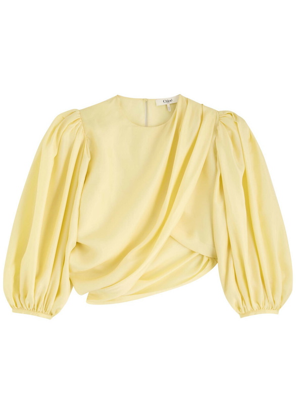 Photo: Chloe Draped Wrap-effect Silk Cropped Blouse Yellow