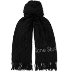 ACNE STUDIOS - Logo-Print Fringed Crinkled-Wool Scarf - Black