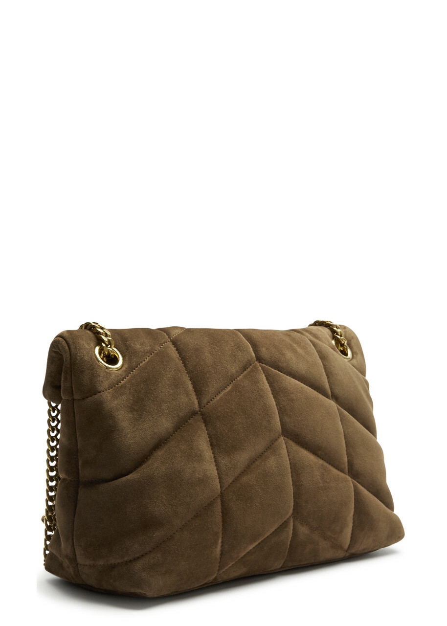 Saint Laurent - Women's Brown Quilted Lou Puffer Small Suede Shoulder bag - Adjustable Chain Strap - One Size
