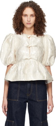 GANNI White Satin Peplum Tie Blouse