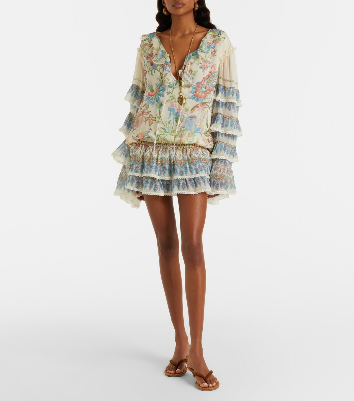 Etro Printed ruffled lace-trimmed silk minidress