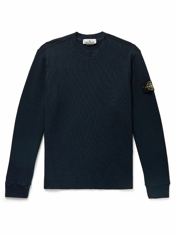 Photo: Stone Island - Logo-Appliquéd Ribbed Cotton-Blend Sweater - Blue