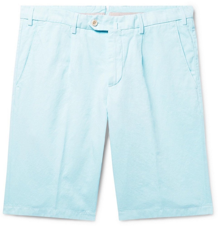 Photo: Loro Piana - Slim-Fit Pleated Cotton and Linen-Blend Bermuda Shorts - Light blue