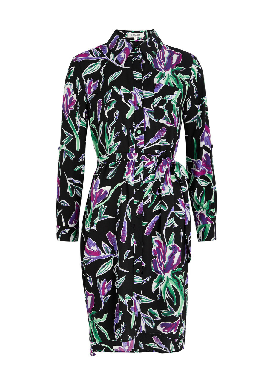 Diane Von Furstenberg Prita Printed Crepe Shirt Dress Black