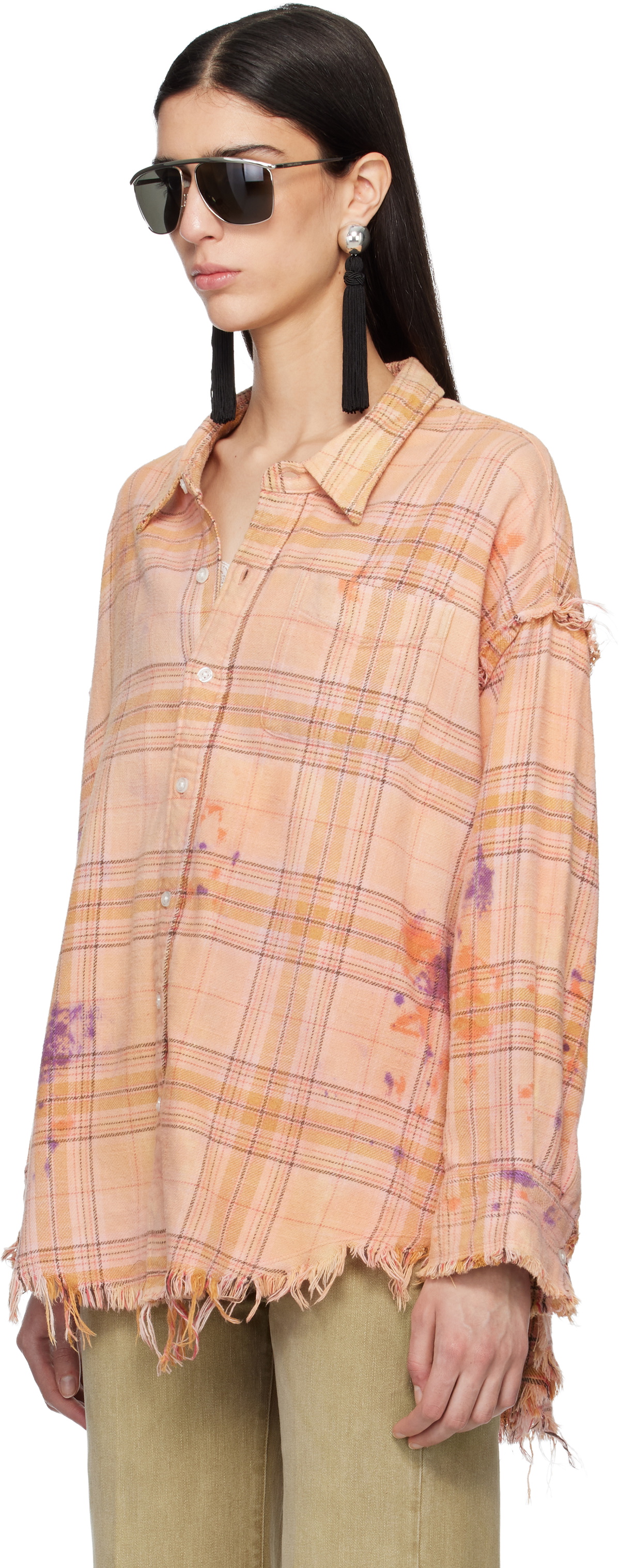 R13 Orange Shredded Seam Drop Neck Shirt