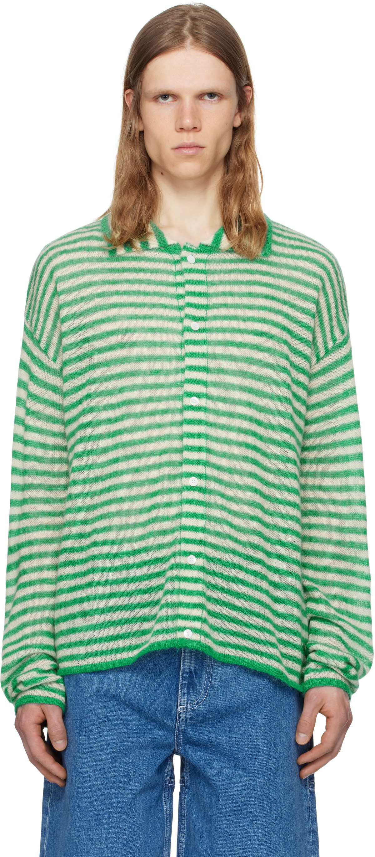 SUNNEI Off-White & Green Striped Mohair Cardigan