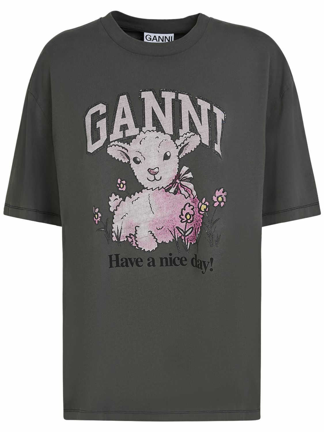GANNI 子羊デザイン Tシャツ GANNI 羊イラスト Tシャツ ダークグレー