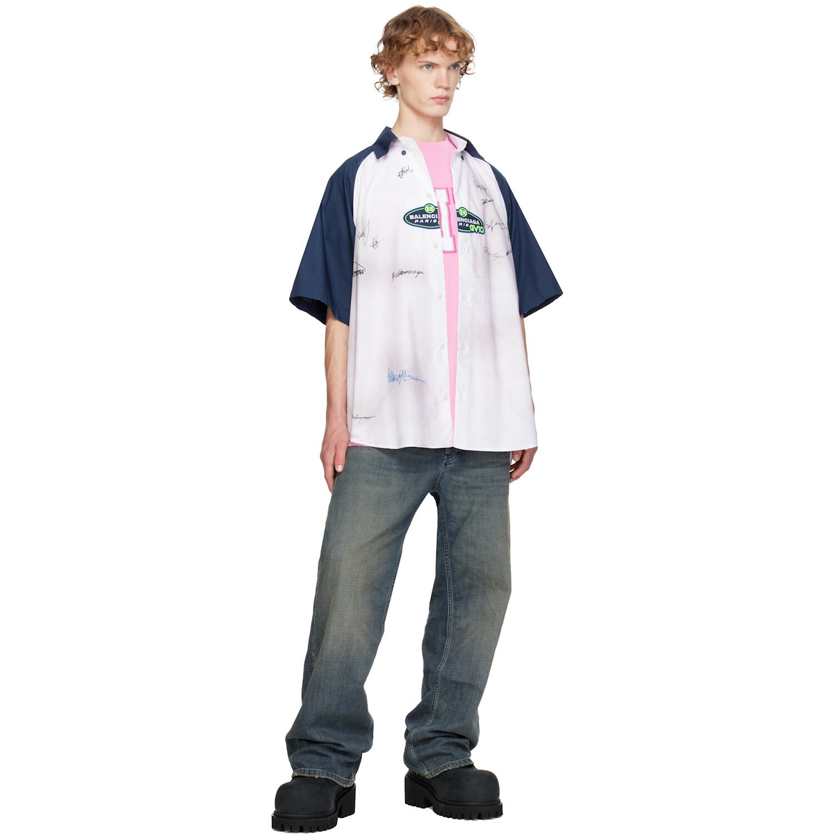 Balenciaga White & Navy Logos S/S Raglan Shirt
