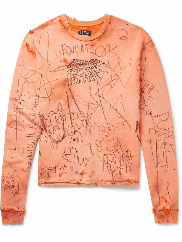 Photo: Liberal Youth Ministry - Oversized Studded Distressed Printed Cotton-Jersey Sweatshirt - Orange