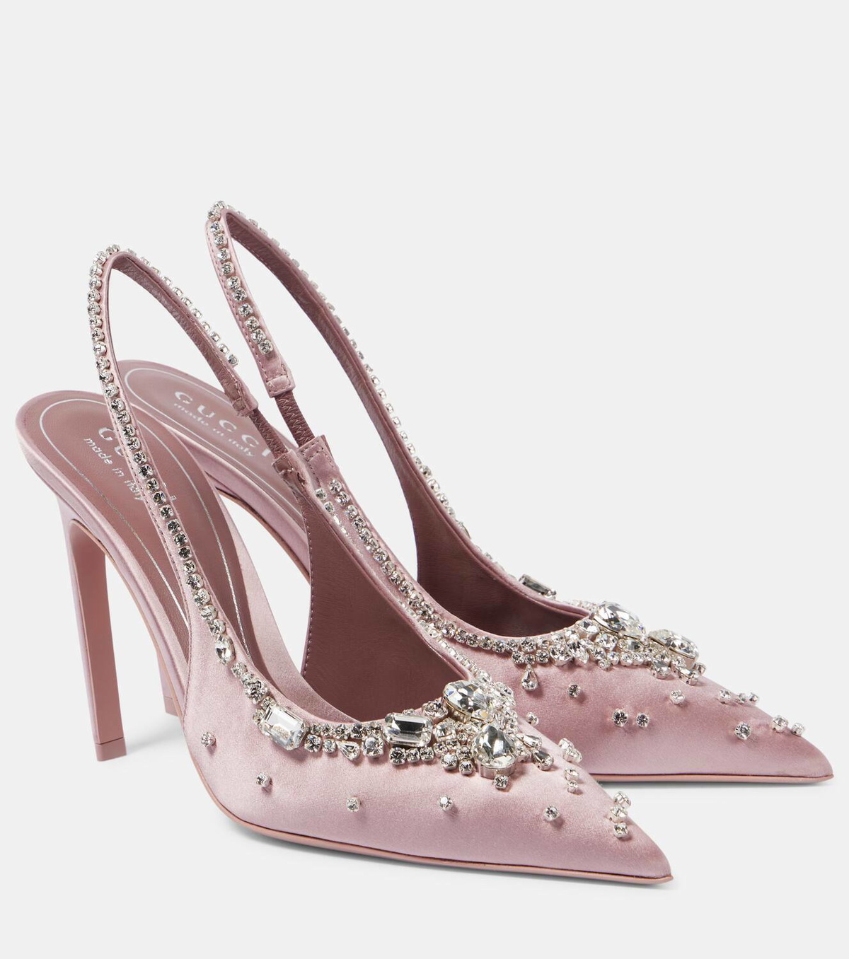 Gucci Talia 105 embellished satin slingback pumps