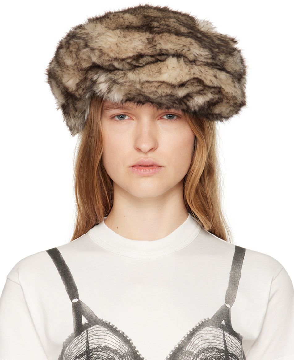 VAQUERA Off-White & Brown Newsboy Wolf Faux-Fur Cap