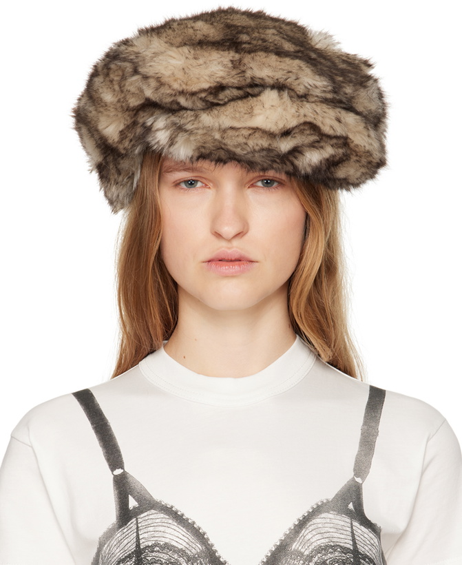 Photo: VAQUERA Off-White & Brown Newsboy Wolf Faux-Fur Cap