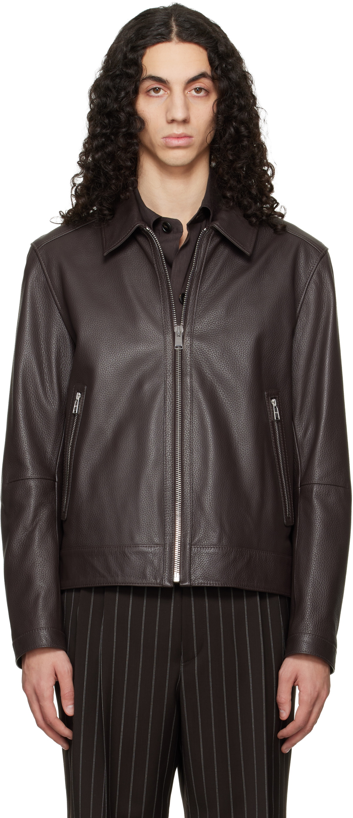 BOSS Brown Regular Fit Leather Jacket