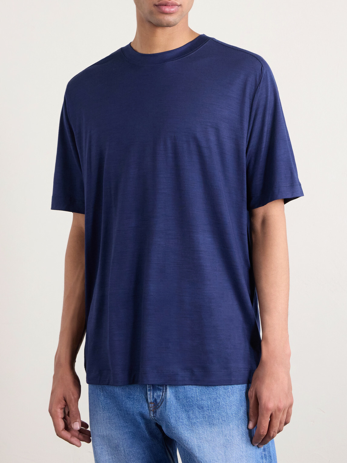 SEASE - Runner Logo-Print Merino Wool T-Shirt - Blue
