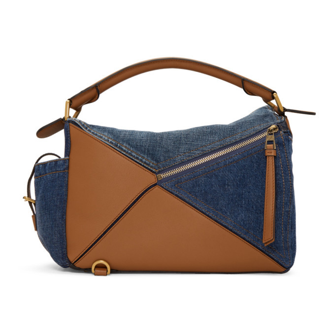 Loewe Tan and Blue Medium Denim Puzzle Pockets Bag