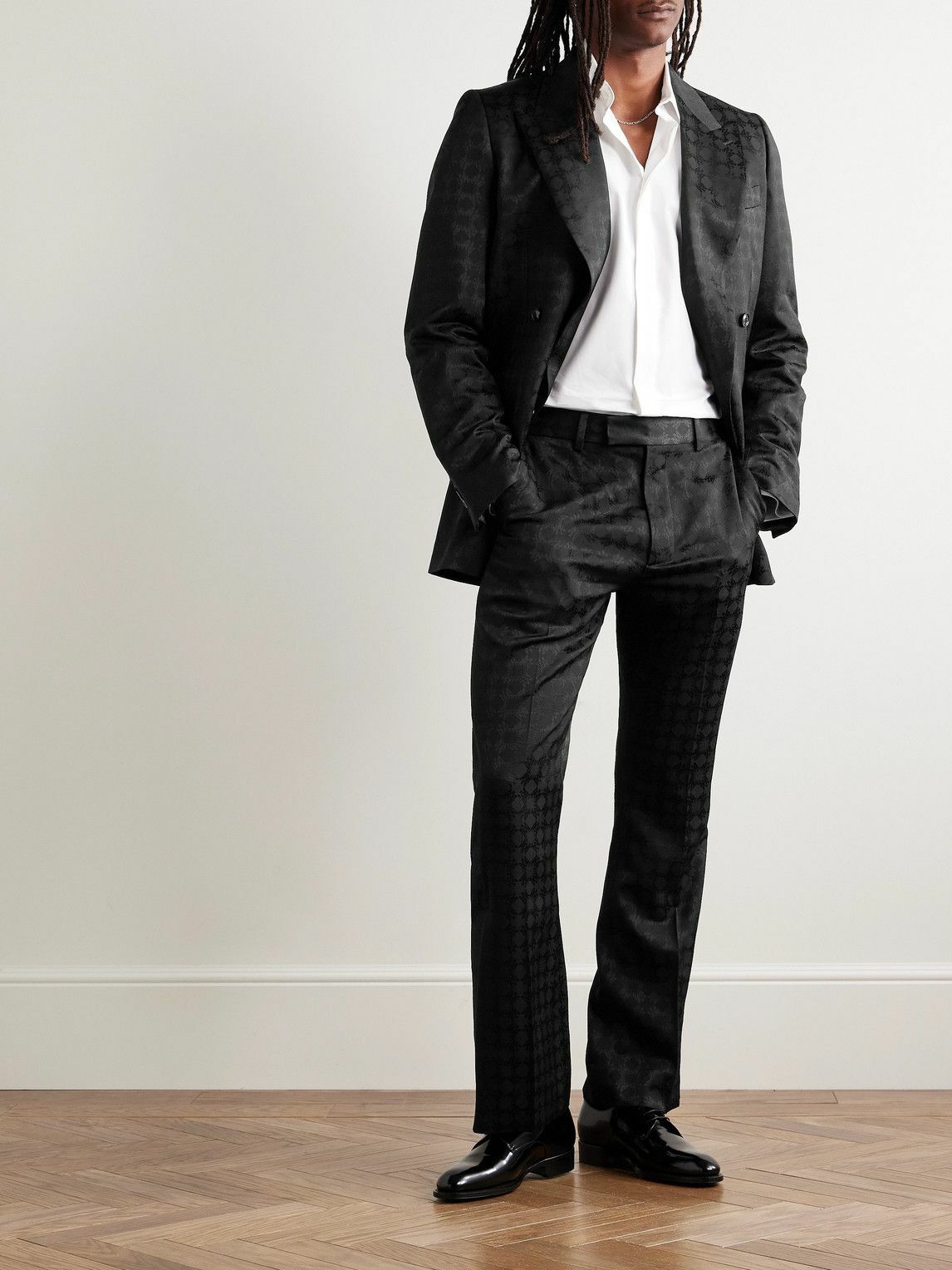 AMIRI - Quad Kick Slim-Fit Flared Satin-Jacquard Suit Trousers