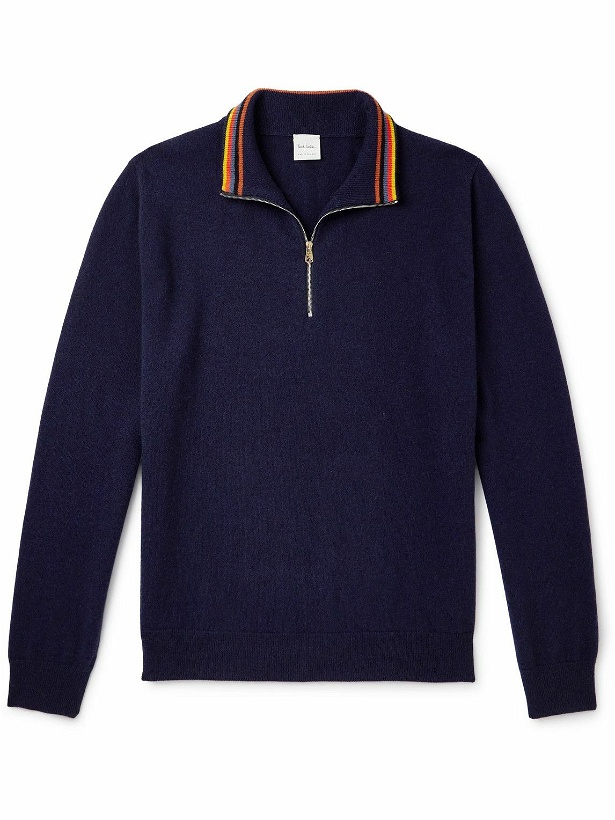 Photo: Paul Smith - Striped Ribbed Cashmere Half-Zip Sweater - Blue