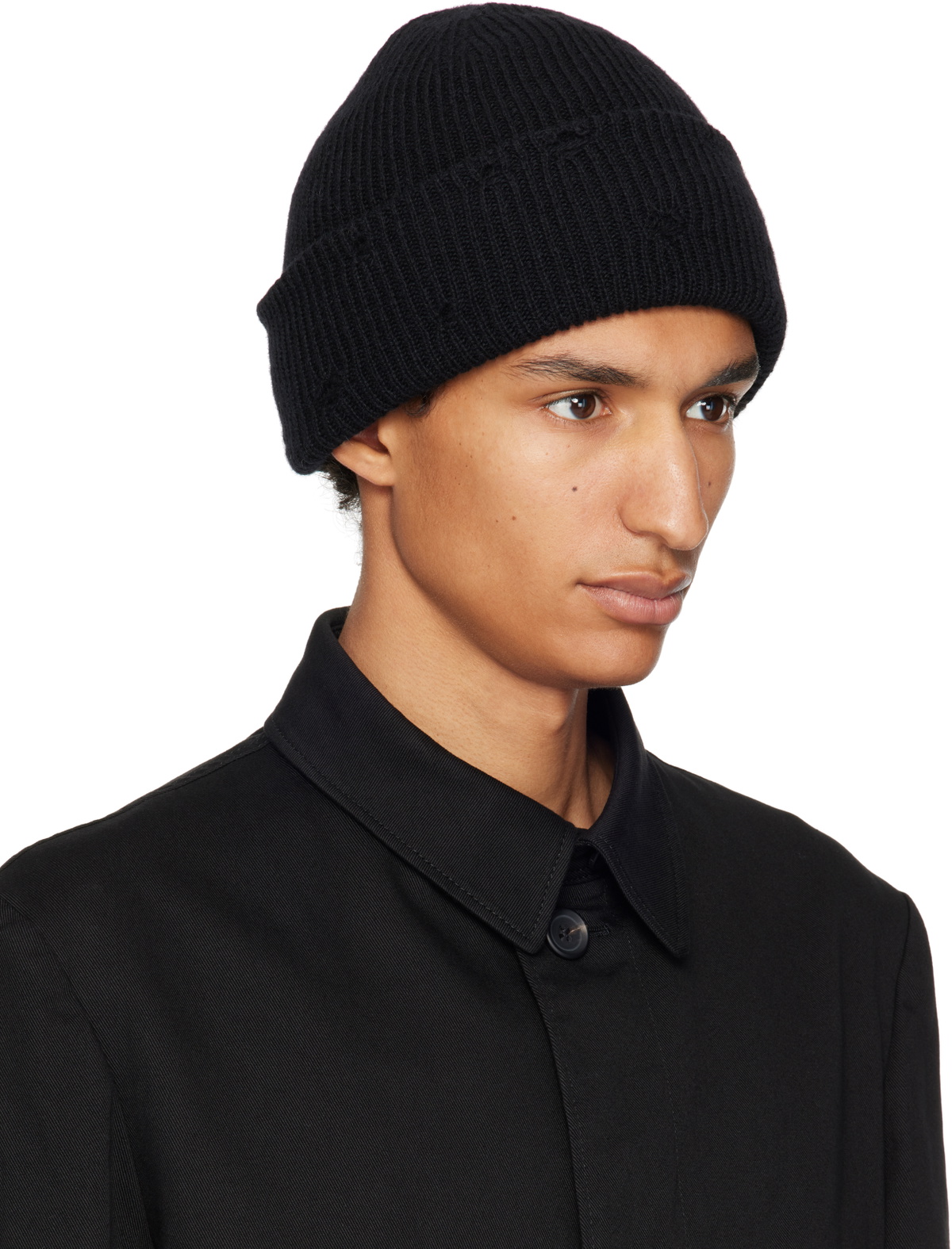 Y's For Men Black Damaged Knit Beanie