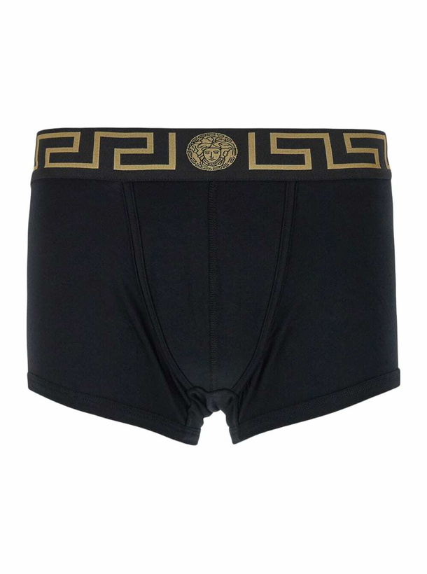 Photo: Versace Black Boxer Briefs With Greca And Medusa Detail In Stretch Cotton Man