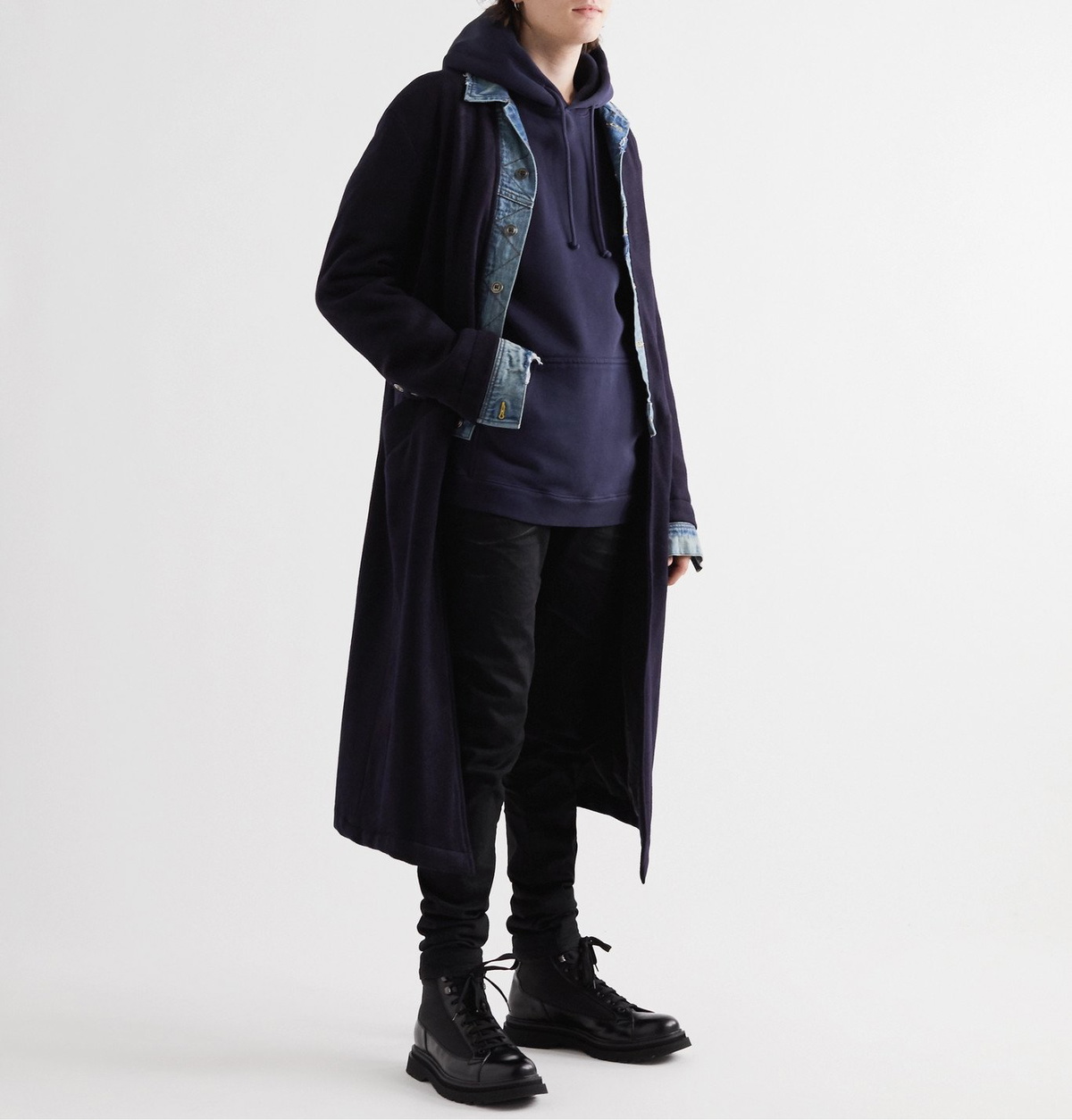 Greg Lauren - Layered Denim-Panelled Cashmere-Blend Coat - Blue