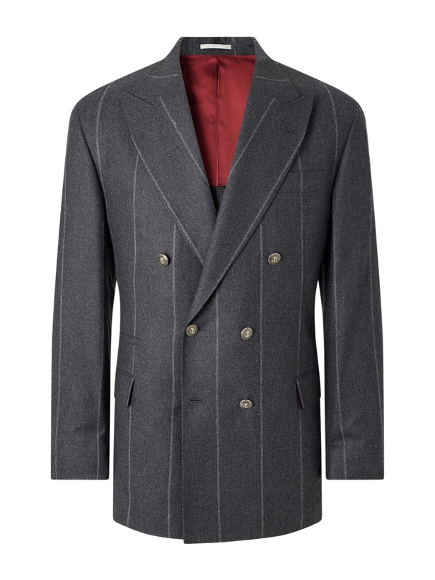 Photo: Brunello Cucinelli - Double-Breasted Pinstriped Wool, Cashmere and Silk-Blend Flannel Suit Jacket - Gray