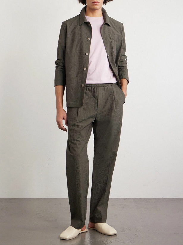 Photo: Altea - Straight-Leg Pleated Wool-Blend Seersucker Trousers - Green