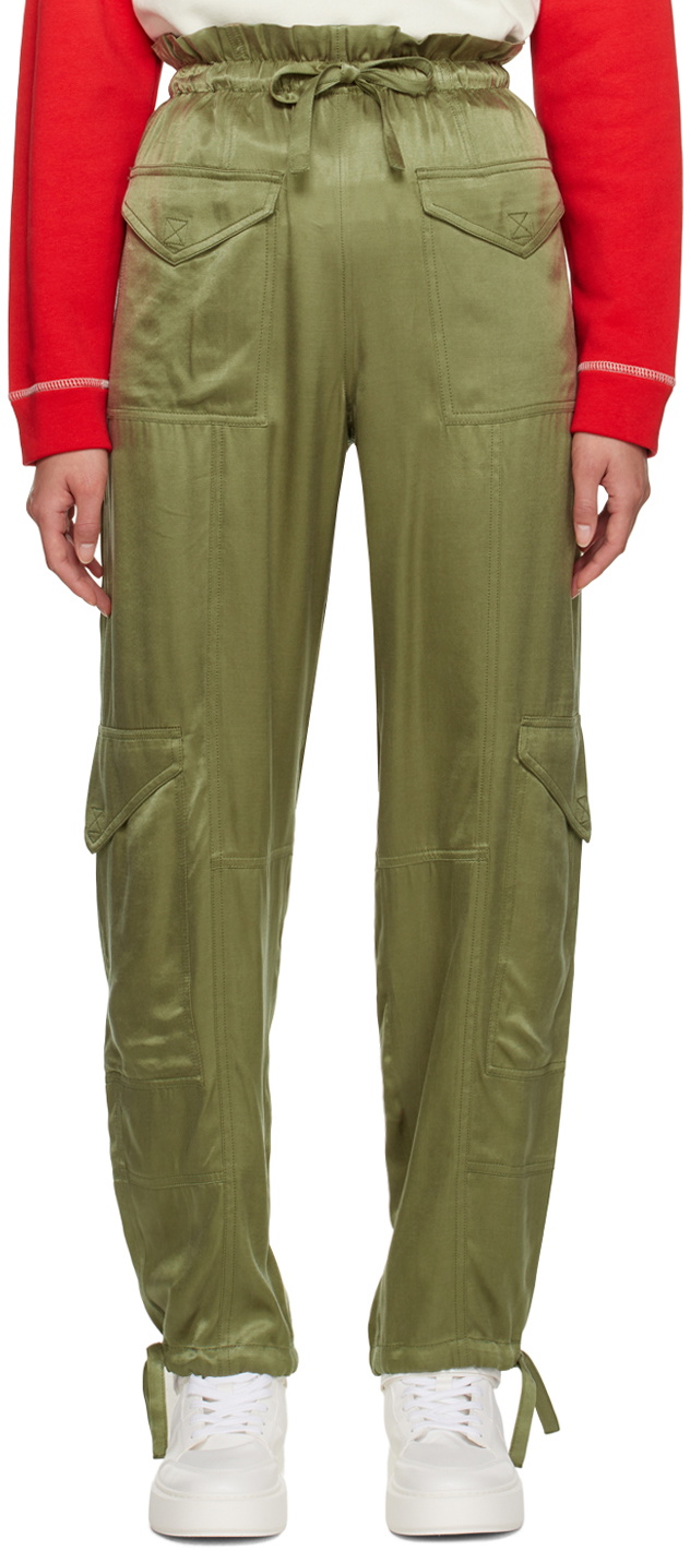 High-rise satin cargo pants in green - Ganni