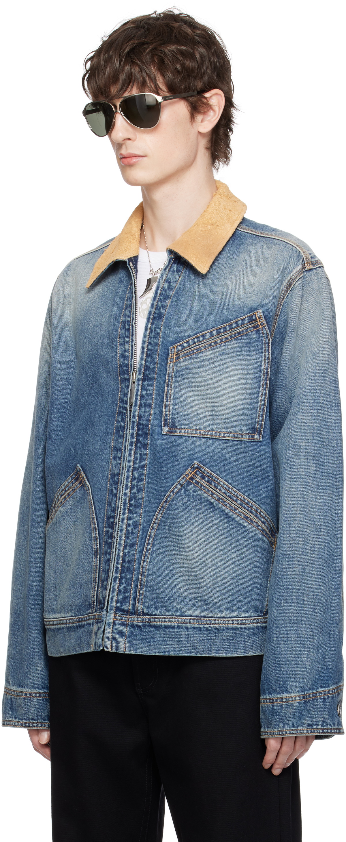 McQueen Blue Suede Collar Denim Jacket