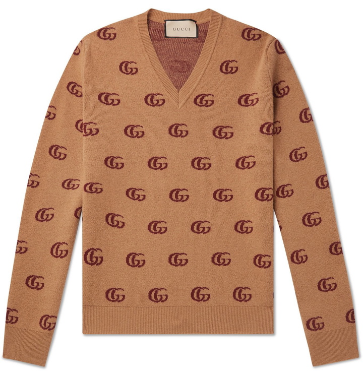 Photo: GUCCI - Slim-Fit Logo-Jacquard Wool Sweater - Brown