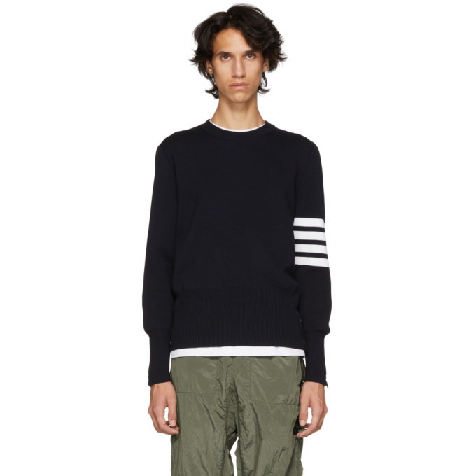 Photo: Thom Browne Navy Milano Stitch Four Bar Crewneck Sweater