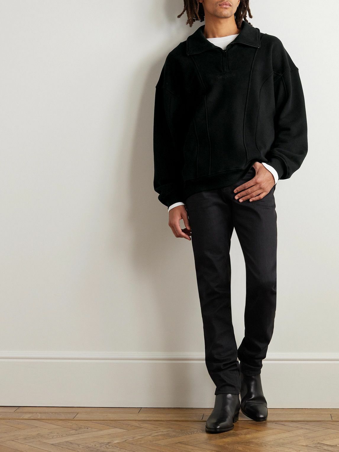 SAINT LAURENT - Logo-Embroidered Cotton-Jersey Half-Zip Sweatshirt