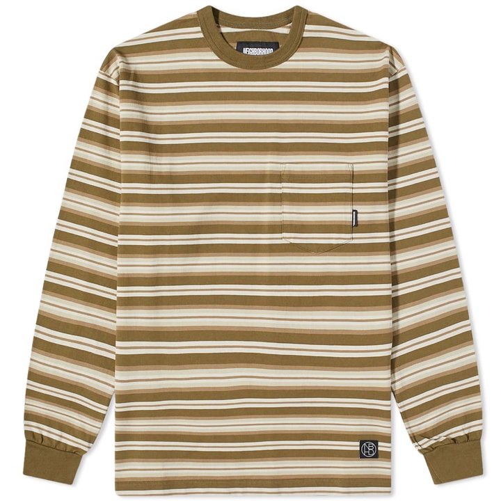 Photo: Neighborhood Men's Long Sleeve Border Stripe T-Shirt in Olive Drab