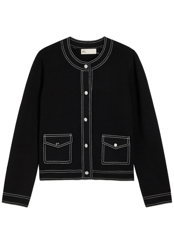 Photo: Tory Burch Topstitch Wool Cardigan Black