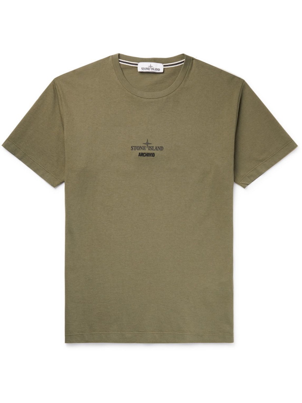 Photo: Stone Island - Logo-Print Embroidered Cotton-Jersey T-Shirt - Green