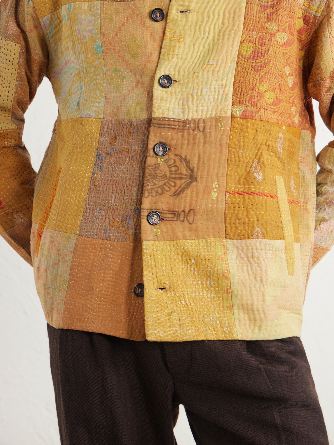 Kartik Research - Vintage Kantha Patchwork Quilted Cotton-Voile Jacket - Yellow