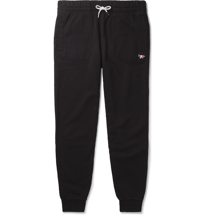 Photo: Maison Kitsuné - Tapered Logo-Appliquéd Loopback Cotton-Jersey Sweatpants - Black