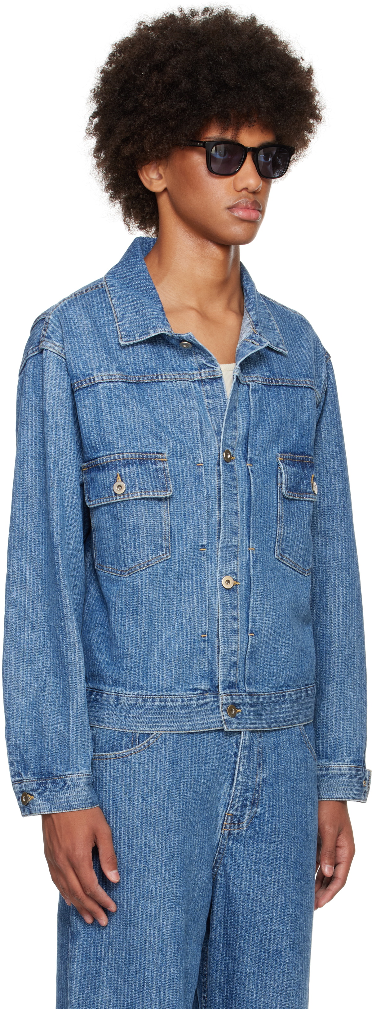 Small Talk Studio Blue Jacquard Stripe Denim Trucker Jacket