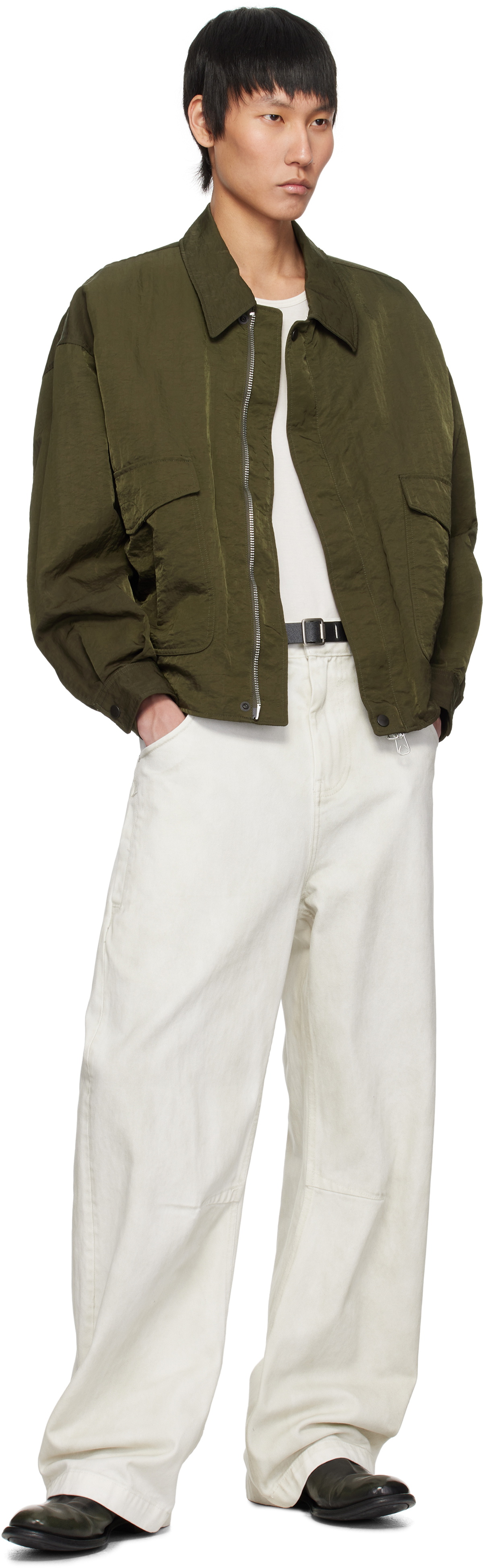 YOKE Khaki Hard Wash Nylon Twill Bomber Jacket
