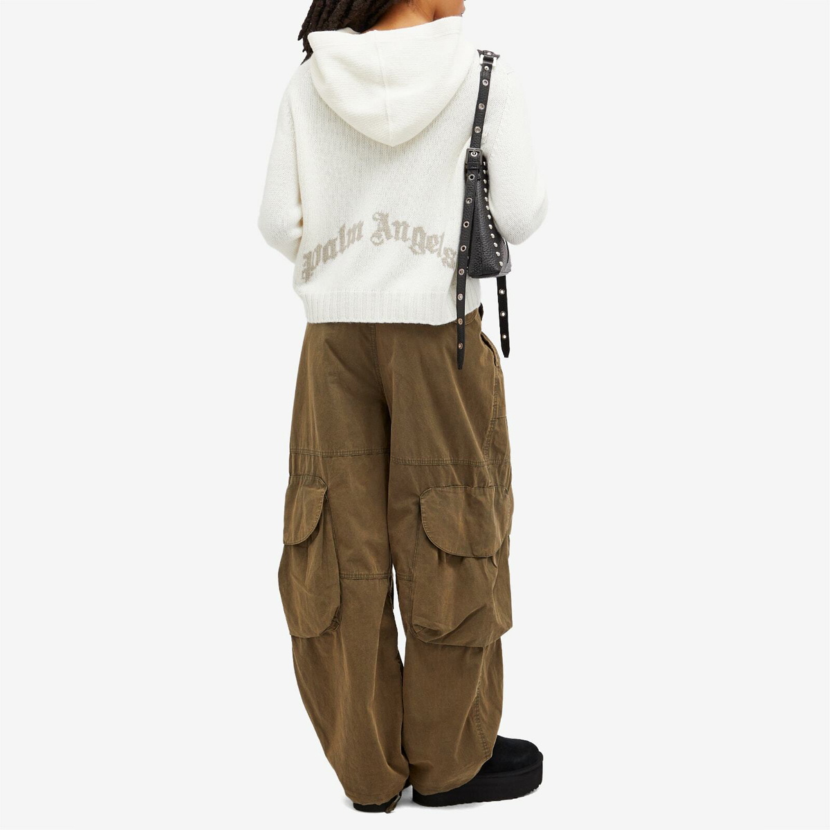 Palm Angels Women's Curved Logo Knitted Hoodie in White/Light Beige
